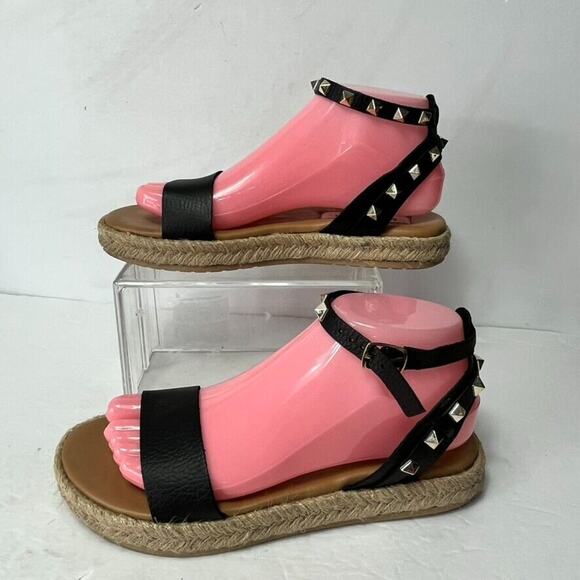 Steve Madden Sandal Womens 8 Black Studded Leather Ankle Strap Espadrille Buckle - Picture 5 of 10